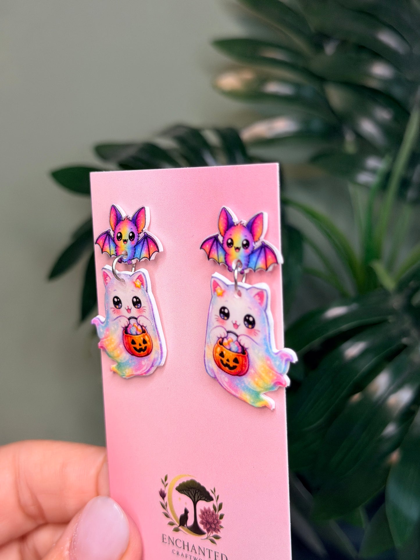 Ghost Cat Halloween Dangle Earrings, Pastel Rainbow Kawaii Bat Studs, Cute Resin Sealed Lightweight Spooky Jewelry