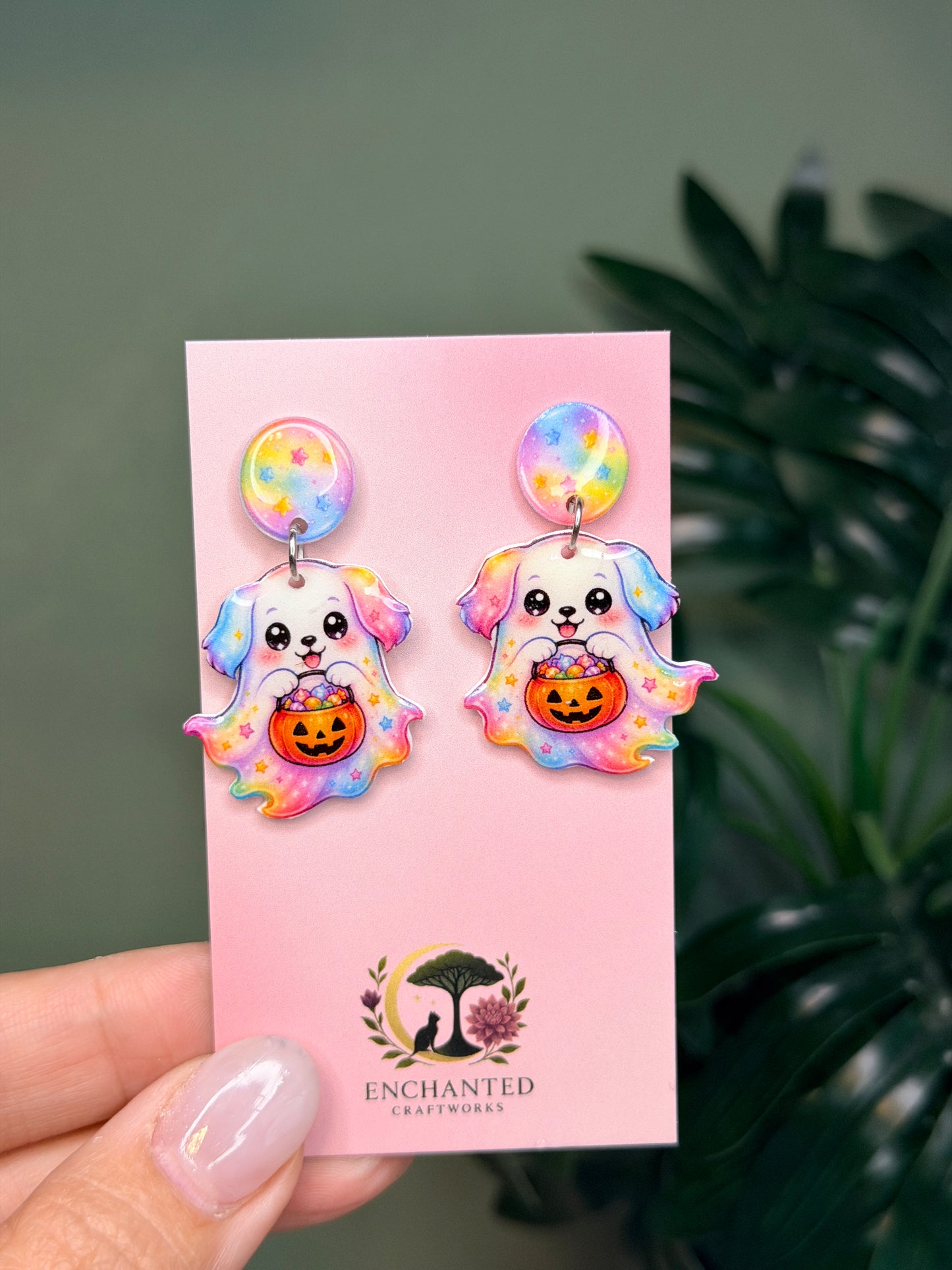 Ghost Dog Halloween Dangle Earrings, Pastel Rainbow Puppy Earrings, Cute Spooky Resin Sealed Lightweight Jewelry