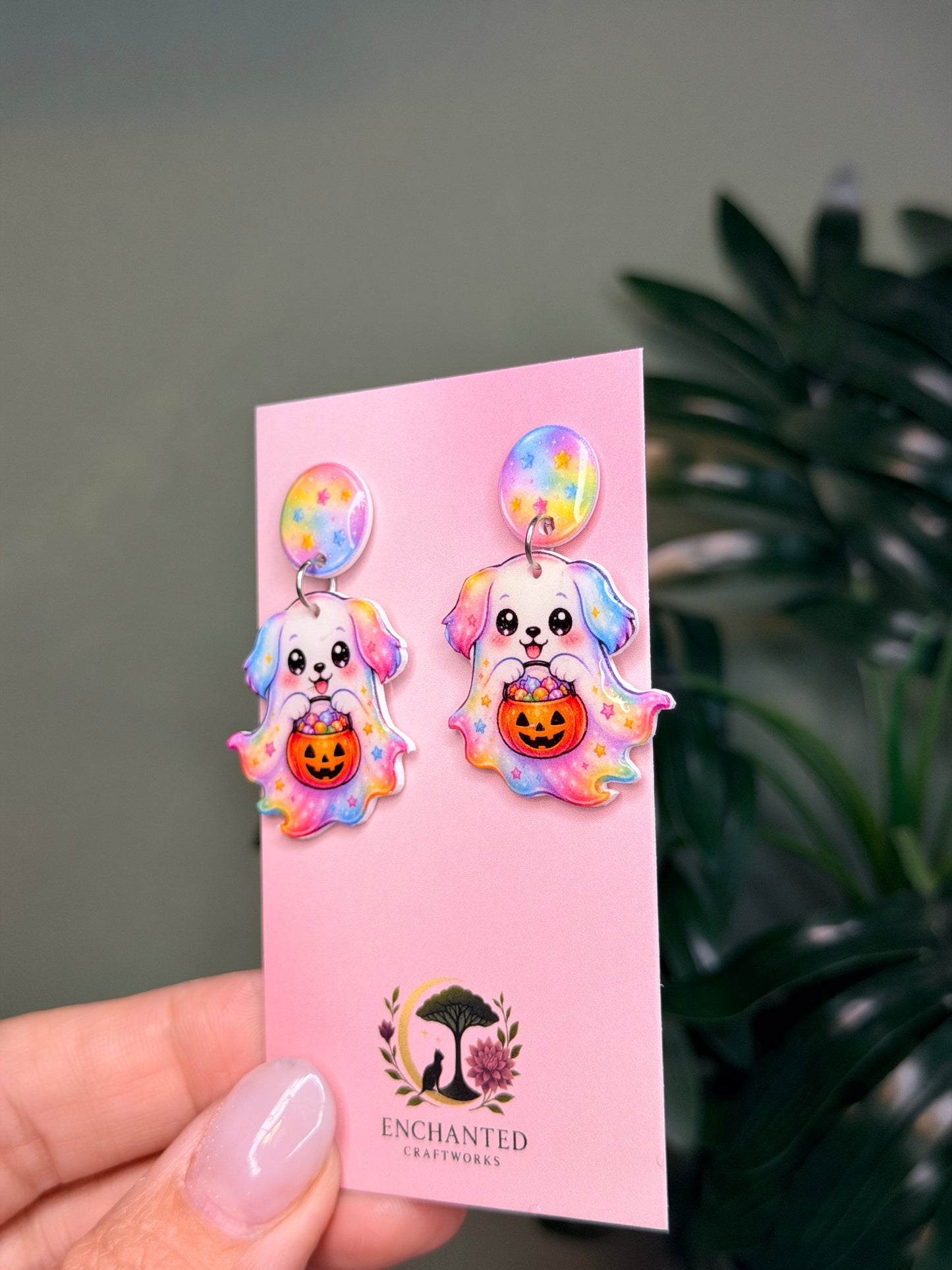Ghost Dog Halloween Dangle Earrings, Pastel Rainbow Puppy Earrings, Cute Spooky Resin Sealed Lightweight Jewelry