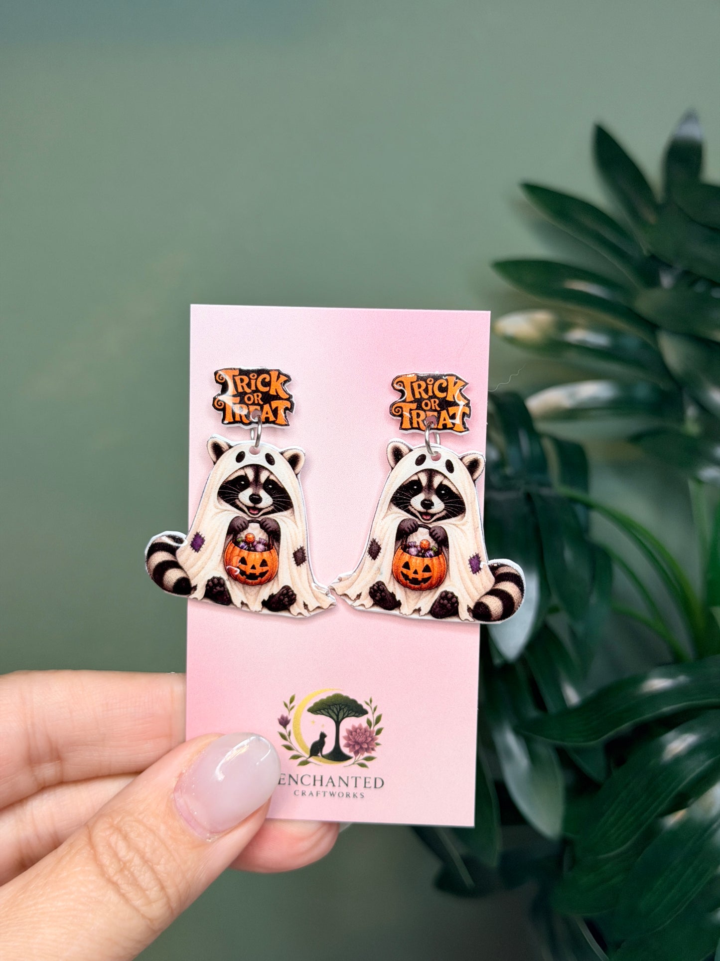Ghost Raccoon Halloween Dangle Earrings, Trick or Treat Raccoon Jewelry, Cute Spooky Resin Sealed Lightweight Earrings
