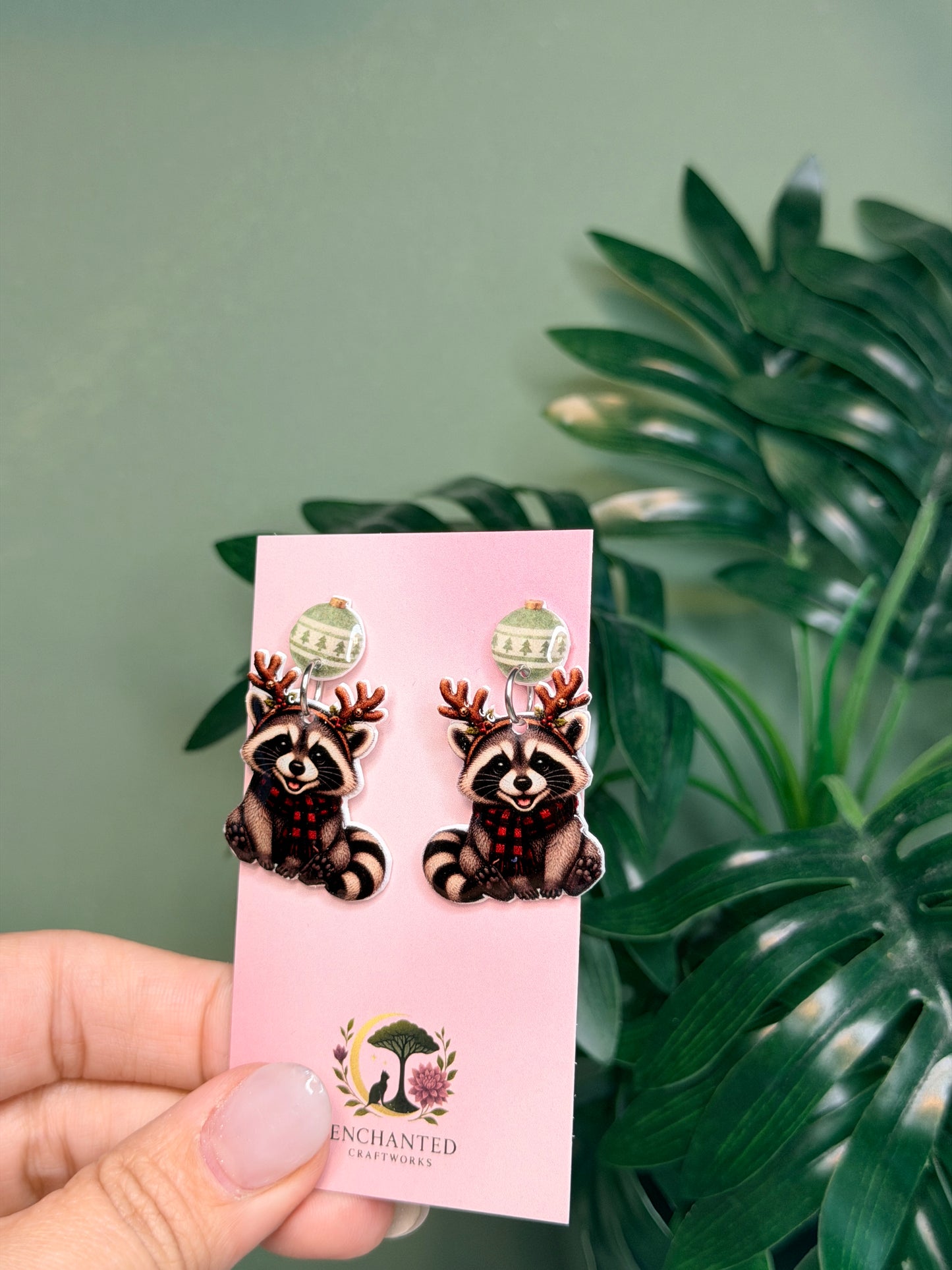 Christmas Raccoon Dangle Earrings, Reindeer Raccoon Holiday Earrings, Cute Woodland Resin Sealed Lightweight Jewelry