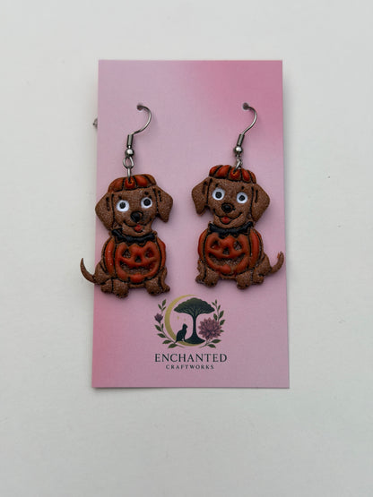 Halloween Dog Clay Earrings, Cute Costume Puppy Dangles, Pumpkin Angel Devil Frankenstein Dog Earrings, Fall Pet Jewelry