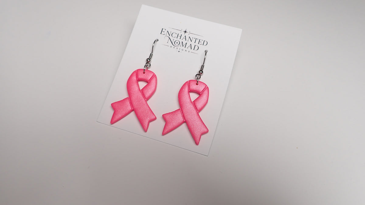 Breast Cancer Awareness Earrings, Pink Ribbon Polymer Clay Earrings, Studs or Dangles