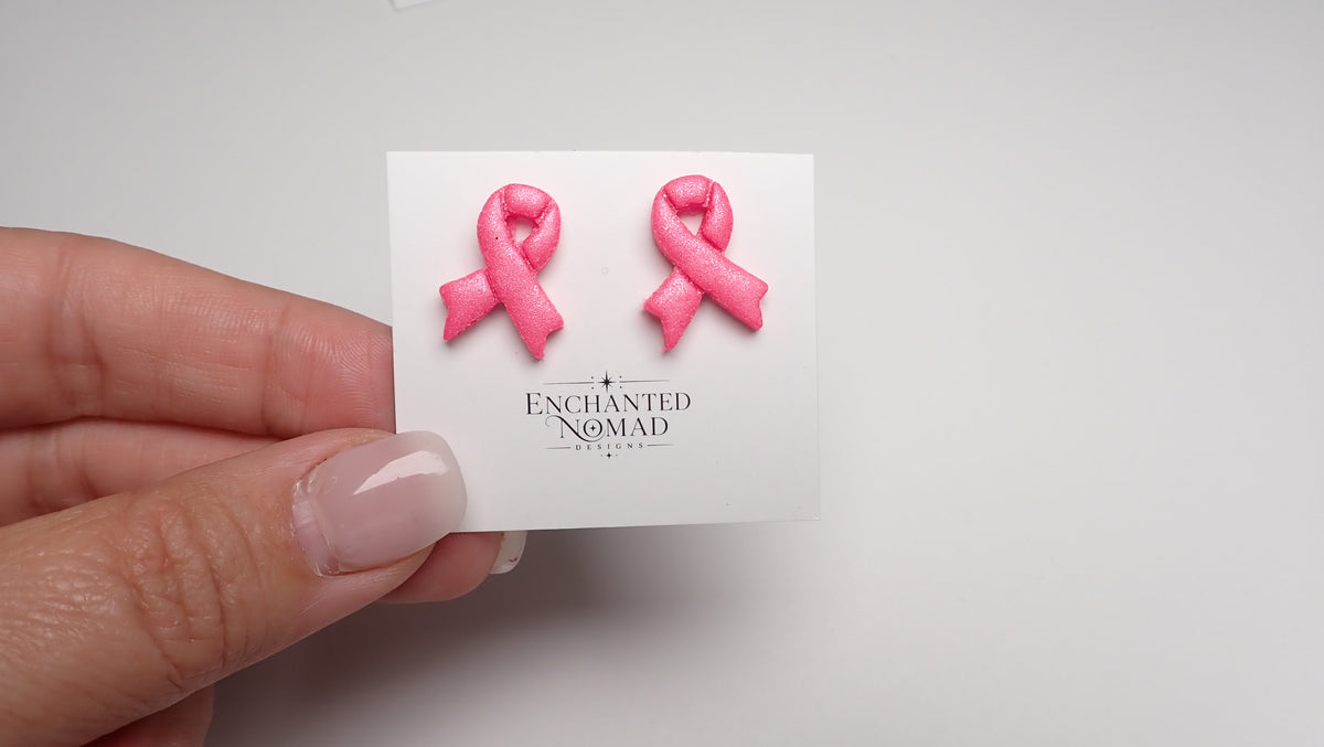 Breast Cancer Awareness Earrings, Pink Ribbon Polymer Clay Earrings, Studs or Dangles