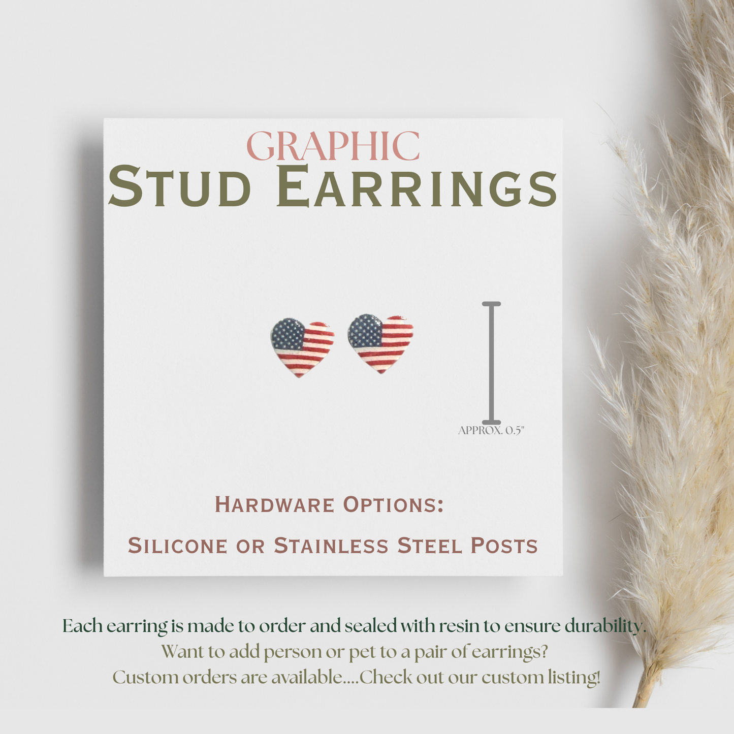American Flag Heart Stud Earrings, USA Heart Earrings, Patriotic Heart Studs, Fourth of July Earrings, USA Flag Jewelry, Graphic Stud Earrings