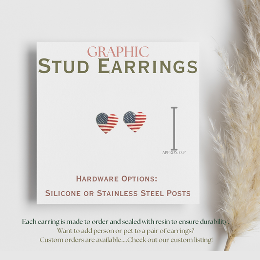 American Flag Heart Stud Earrings, USA Heart Earrings, Patriotic Heart Studs, Fourth of July Earrings, USA Flag Jewelry, Graphic Stud Earrings