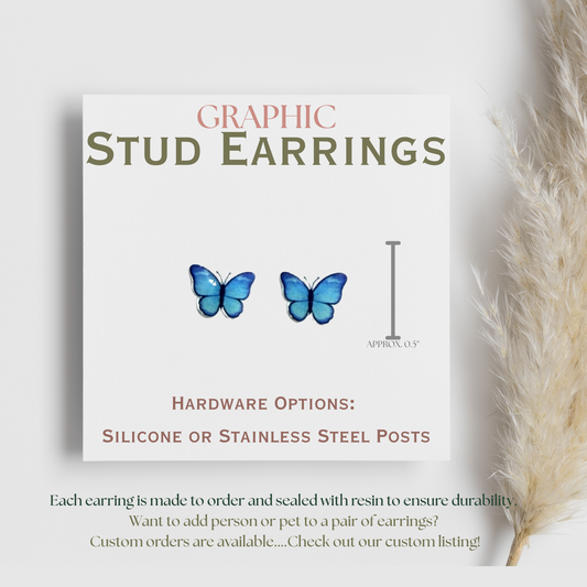Blue Butterfly Stud Earrings, Butterfly Graphic Earrings, Blue Butterfly Jewelry, Nature Stud Earrings, Cottagecore Earrings, Lightweight Butterfly Studs
