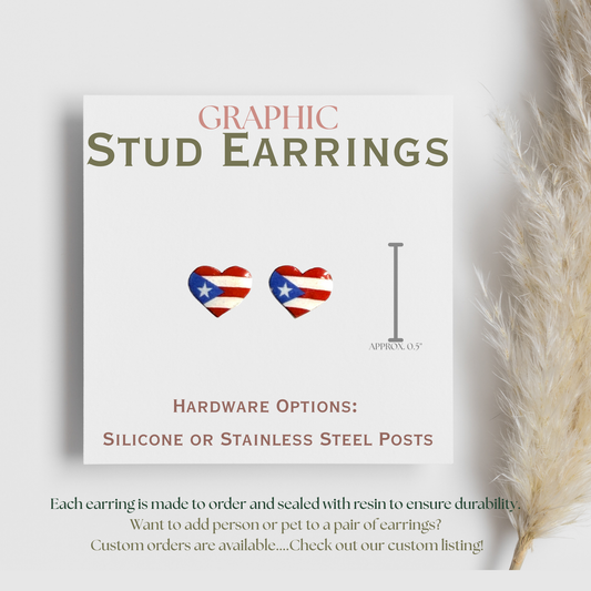 Puerto Rico Flag Heart Stud Earrings, Puerto Rican Heart Earrings, Boricua Jewelry, Puerto Rico Flag Earrings, Patriotic Graphic Stud Earrings