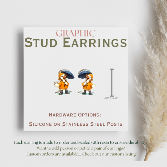 Goose in Raincoat Stud Earrings, Cute Goose Earrings, Cottagecore Goose Jewelry, Rainy Day Animal Studs, Whimsical Graphic Earrings