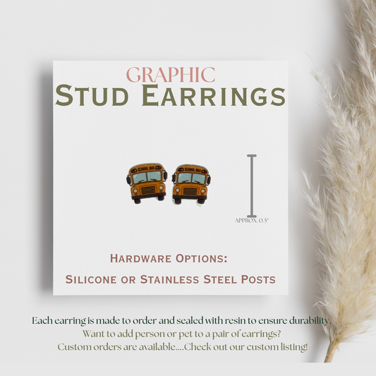 School Bus Stud Earrings, Teacher Earrings, Back to School Jewelry, Bus Driver Gift, Classroom Graphic Earrings, Cute School Bus Studs