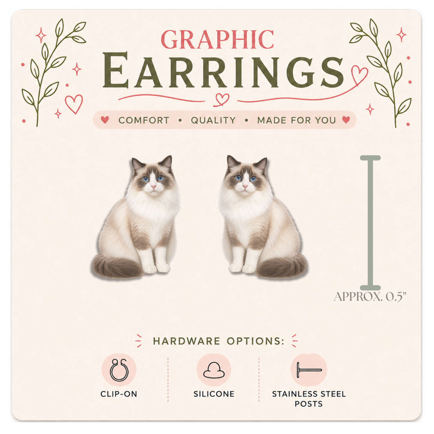 Ragdoll Cat Stud Earrings, Seal Bicolor Ragdoll Earrings, Cat Lover Gift, Hypoallergenic Posts, Clip On Cat Earrings