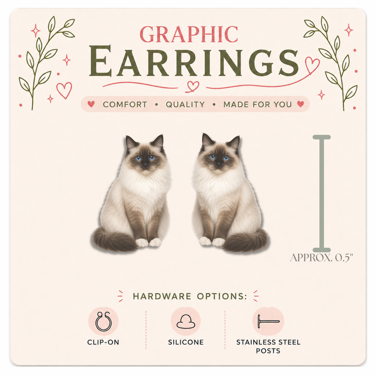 Ragdoll Cat Stud Earrings, Seal Bicolor Ragdoll Earrings, Cat Lover Gift, Hypoallergenic Posts, Clip On Cat Earrings