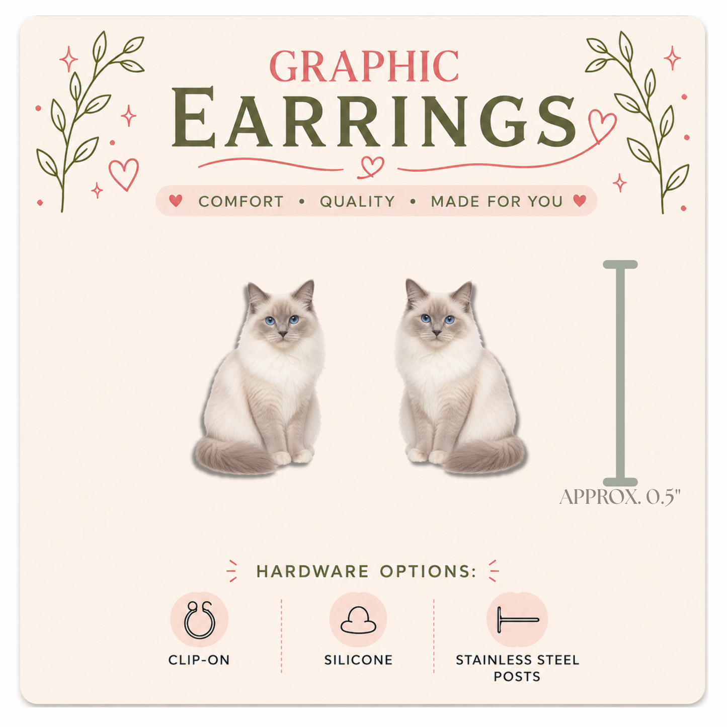 Ragdoll Cat Stud Earrings, Seal Bicolor Ragdoll Earrings, Cat Lover Gift, Hypoallergenic Posts, Clip On Cat Earrings