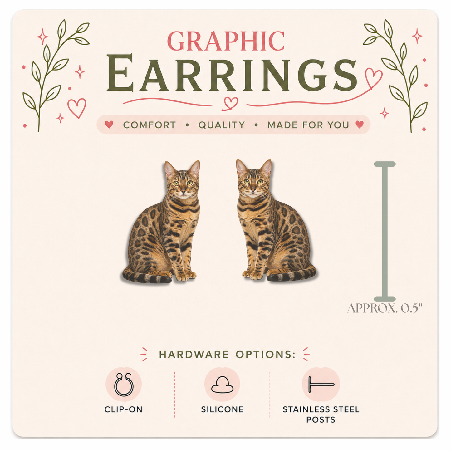 Bengal Cat Stud Earrings, Snow Bengal Earrings, Bengal Cat Lover Gift, Hypoallergenic Cat Earrings, Clip On Earrings