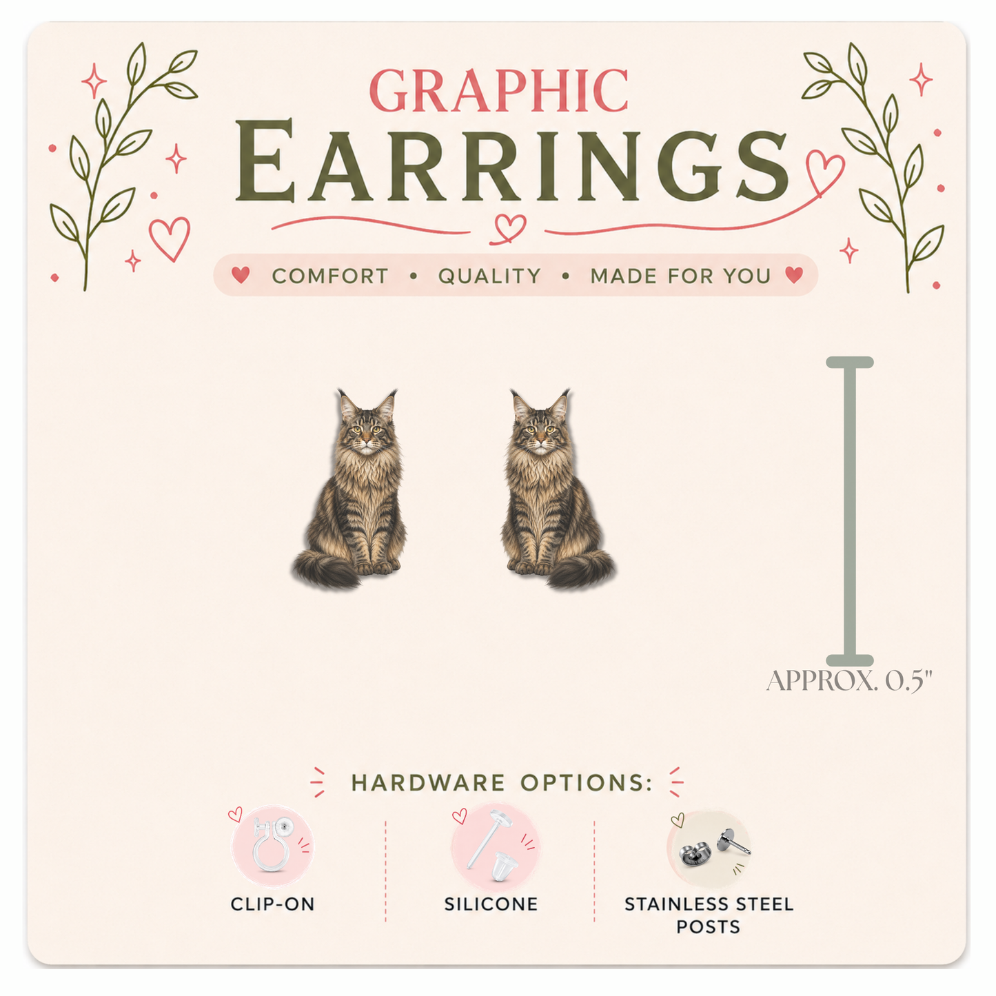 Maine Coon Cat Stud Earrings, Maine Coon Earrings, Cat Lover Gift, Hypoallergenic Cat Earrings, Clip On Earrings