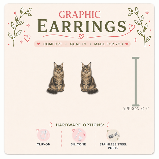 Maine Coon Cat Stud Earrings, Maine Coon Earrings, Cat Lover Gift, Hypoallergenic Cat Earrings, Clip On Earrings