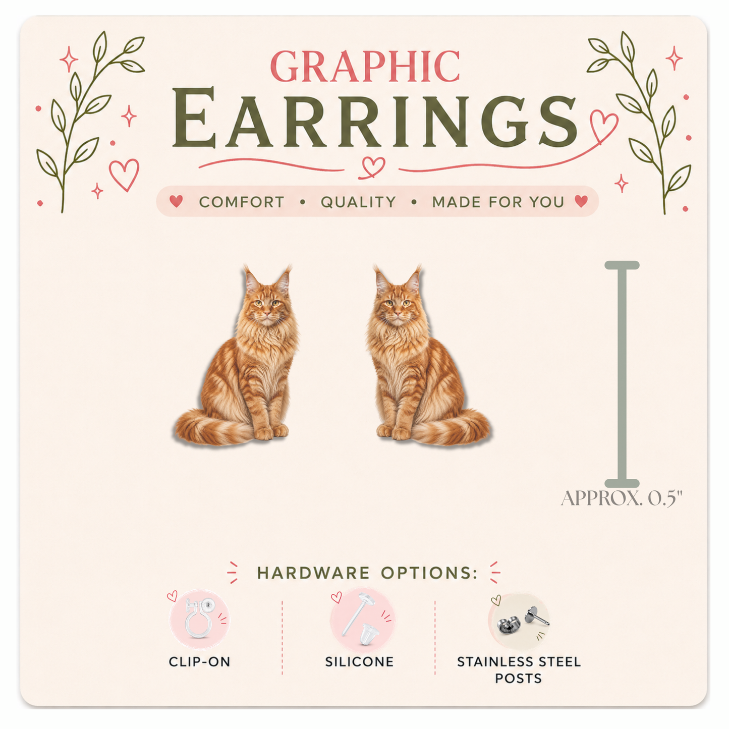 Maine Coon Cat Stud Earrings, Orange Maine Coon Earrings, Cat Lover Gift, Hypoallergenic Cat Studs, Clip On Earrings