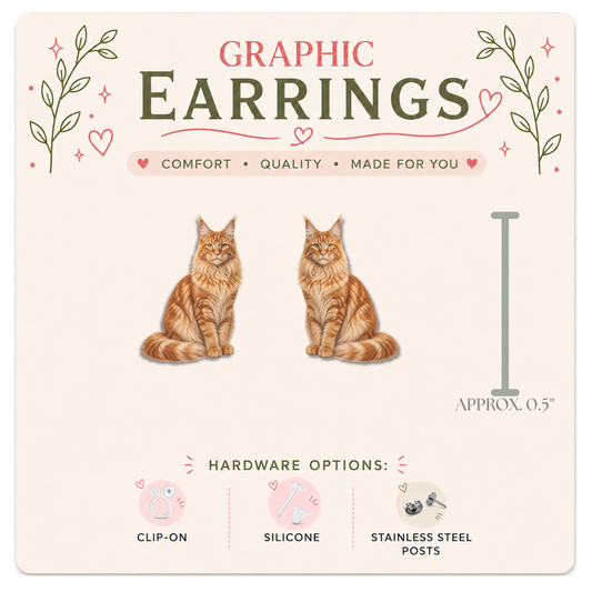 Maine Coon Cat Stud Earrings, Orange Maine Coon Earrings, Cat Lover Gift, Hypoallergenic Cat Studs, Clip On Earrings