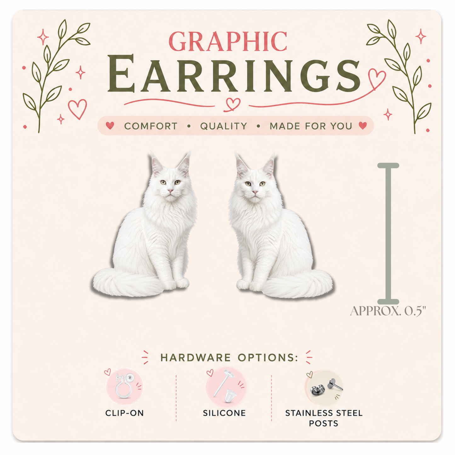 White Maine Coon Cat Stud Earrings, Maine Coon Earrings, Cat Lover Gift, Hypoallergenic Cat Studs, Clip On Earrings