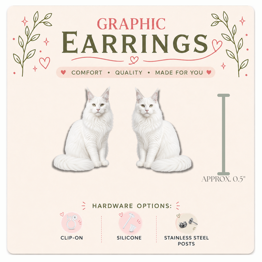 White Maine Coon Cat Stud Earrings, Maine Coon Earrings, Cat Lover Gift, Hypoallergenic Cat Studs, Clip On Earrings