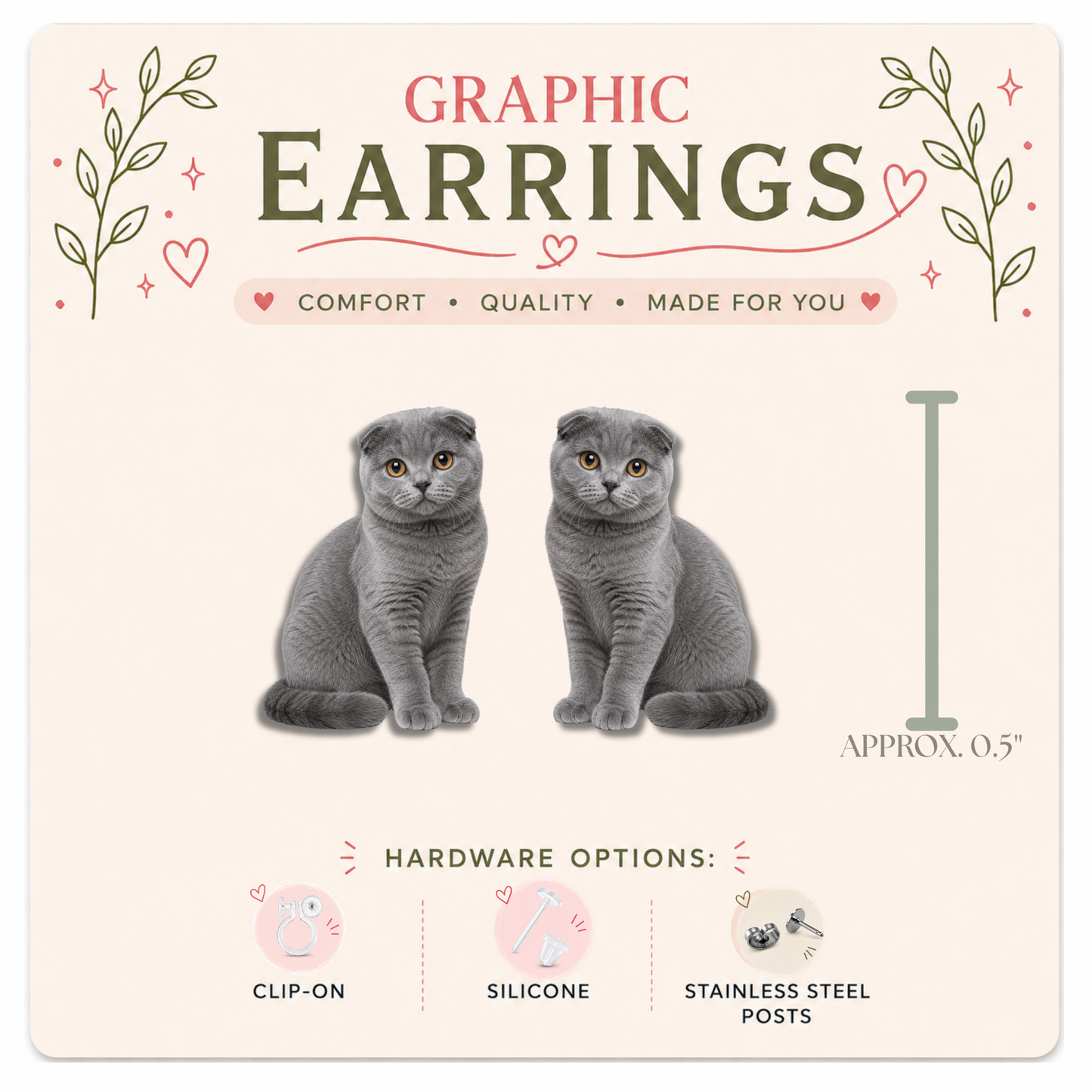 Scottish Fold Gray Cat Stud Earrings, Scottish Fold Earrings, Cat Lover Gift, Hypoallergenic Cat Studs, Clip On Earrings