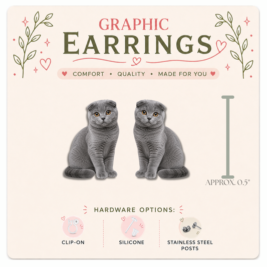 Scottish Fold Gray Cat Stud Earrings, Scottish Fold Earrings, Cat Lover Gift, Hypoallergenic Cat Studs, Clip On Earrings