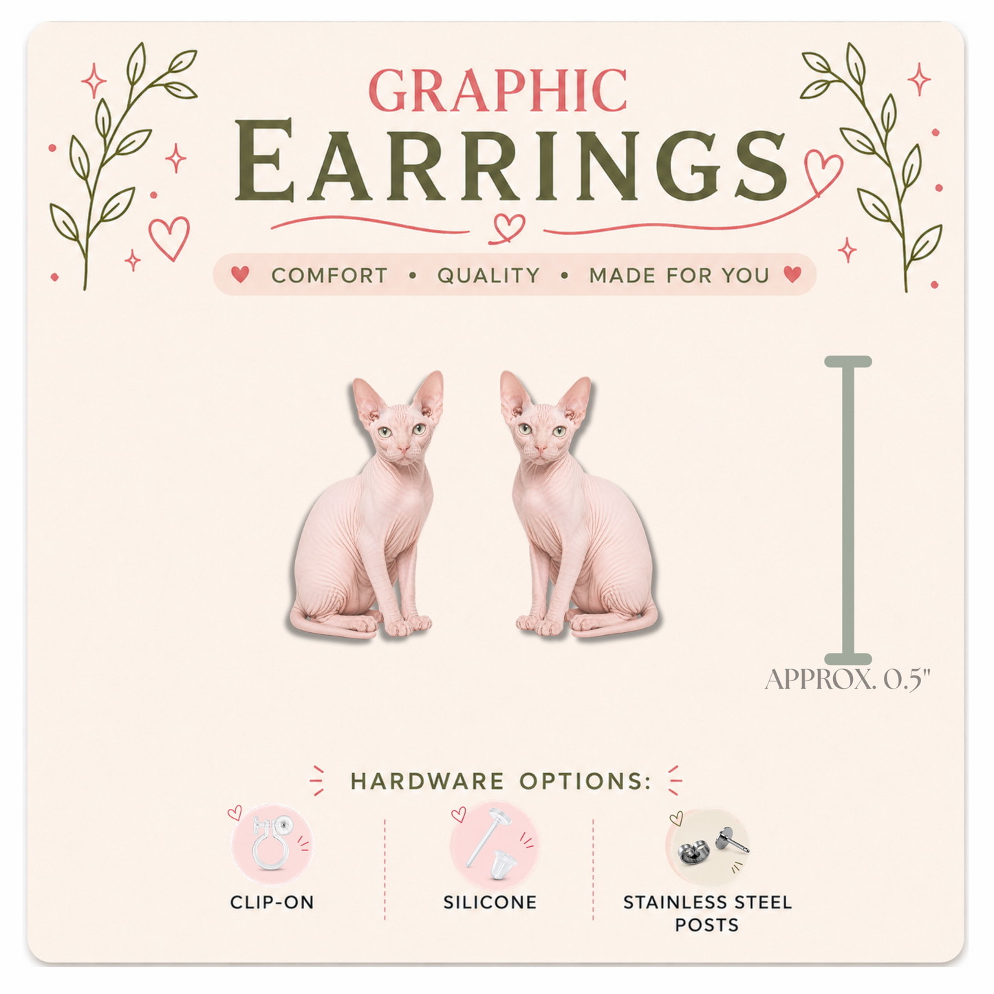 Pink Sphynx Cat Stud Earrings, Hairless Cat Earrings, Sphynx Cat Lover Gift, Hypoallergenic Cat Earrings, Clip On Earrings