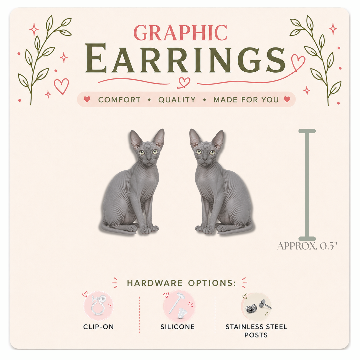 Gray Sphynx Cat Stud Earrings, Hairless Cat Earrings, Sphynx Cat Lover Gift, Hypoallergenic Cat Studs, Clip On Earrings