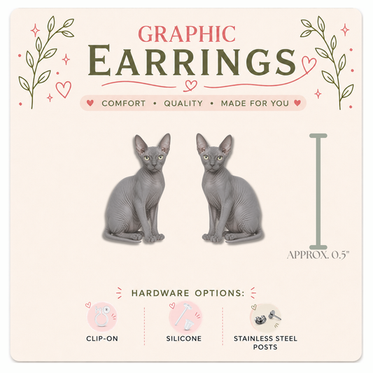 Gray Sphynx Cat Stud Earrings, Hairless Cat Earrings, Sphynx Cat Lover Gift, Hypoallergenic Cat Studs, Clip On Earrings