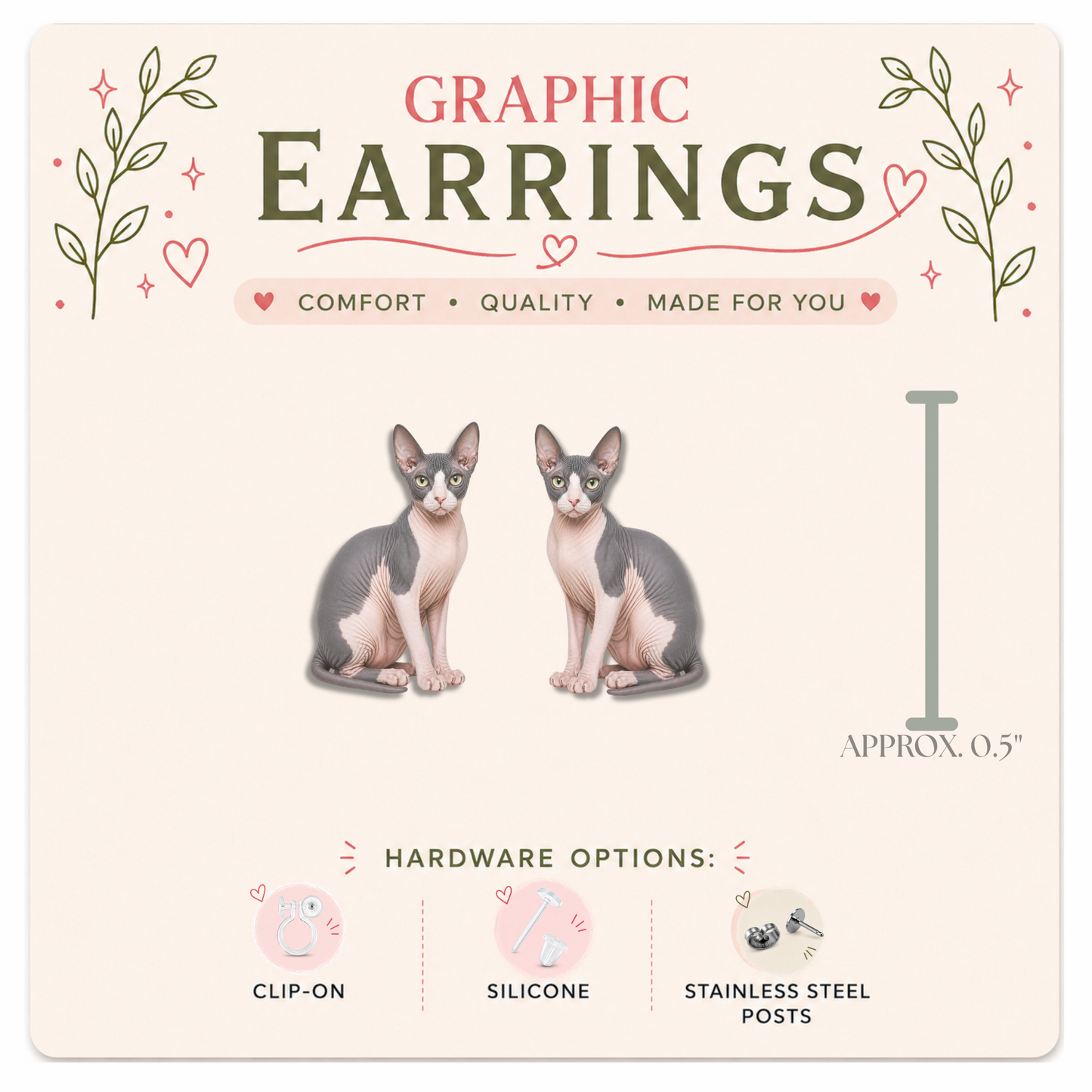 Gray White Sphynx Cat Stud Earrings, Hairless Cat Earrings, Sphynx Cat Lover Gift, Hypoallergenic Clip On Earrings