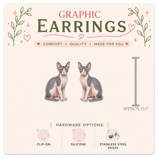 Gray White Sphynx Cat Stud Earrings, Hairless Cat Earrings, Sphynx Cat Lover Gift, Hypoallergenic Clip On Earrings