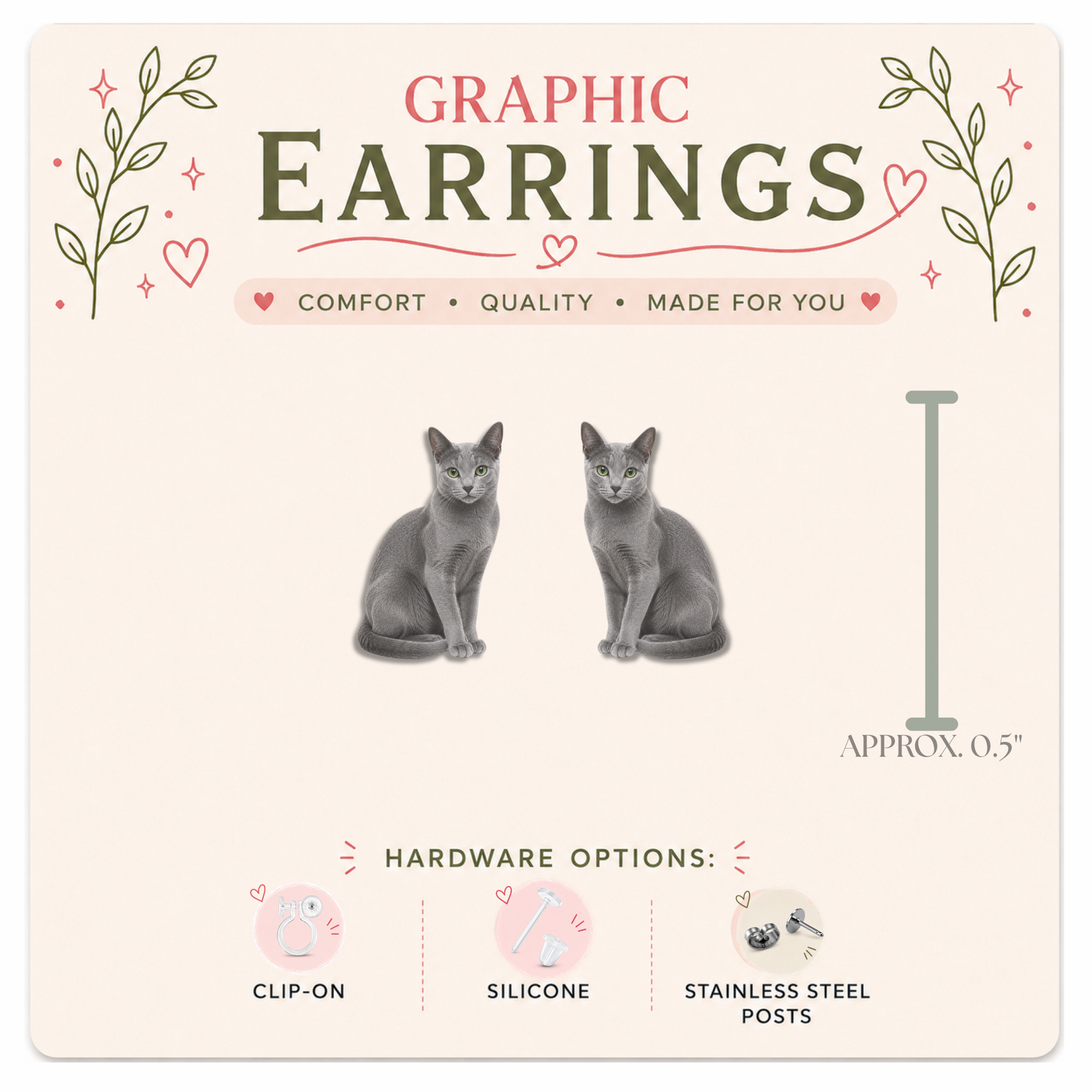 Russian Blue Cat Stud Earrings, Russian Blue Earrings, Cat Lover Gift, Hypoallergenic Cat Studs, Clip On Earrings
