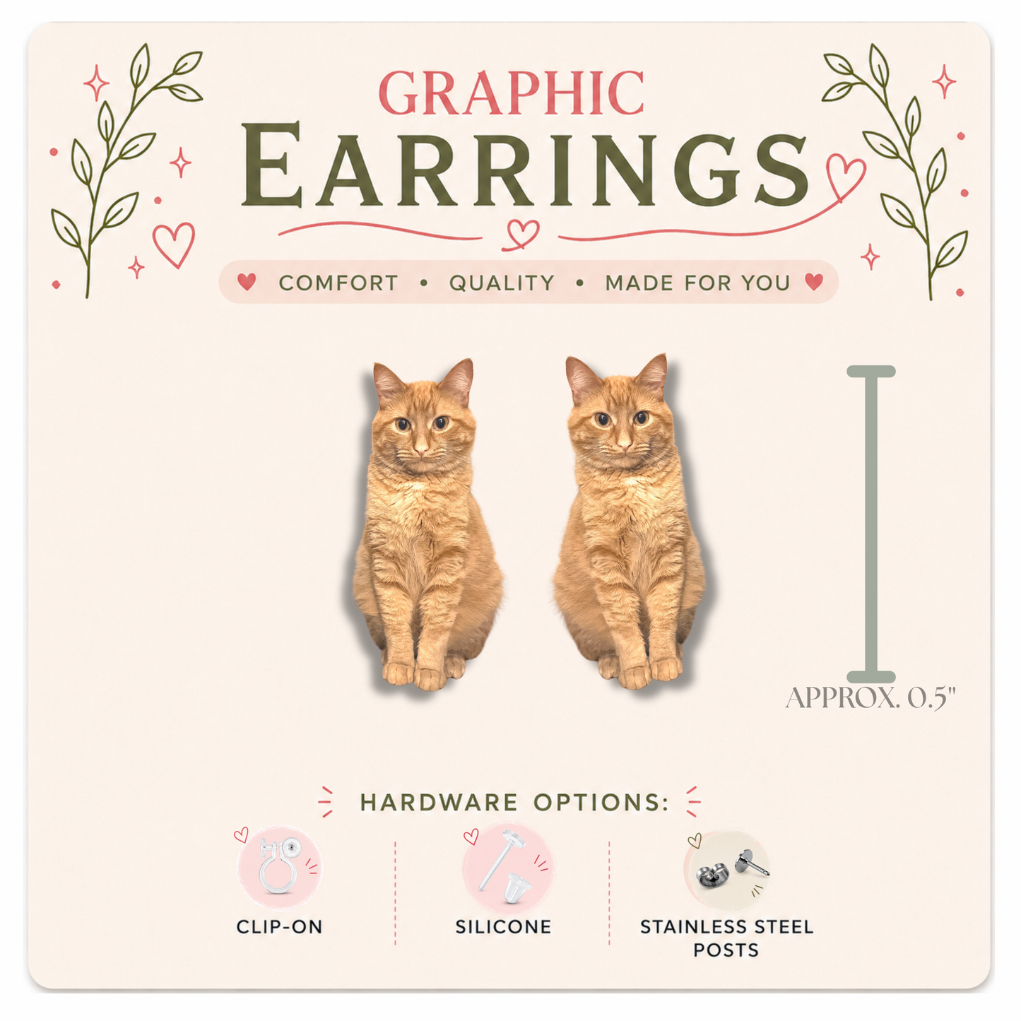 Orange Tabby Cat Stud Earrings, Ginger Cat Earrings, Orange Cat Lover Gift, Hypoallergenic Cat Earrings, Clip On Earrings