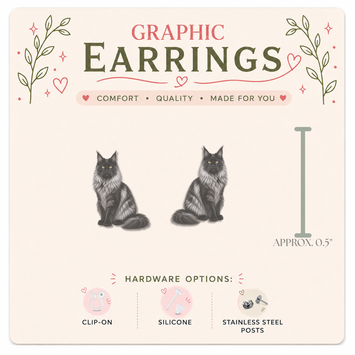 Black Smoke Maine Coon Cat Stud Earrings, Maine Coon Earrings, Cat Lover Gift, Hypoallergenic Cat Studs, Handmade Jewelry
