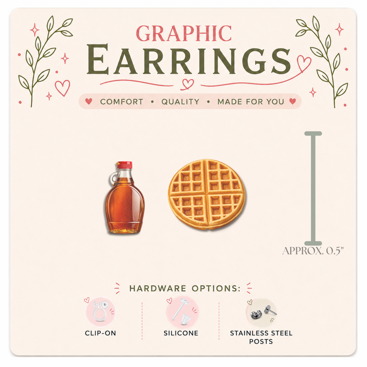 Waffle & Syrup Stud Earrings, Breakfast Earrings, Mismatched Food Earrings, Brunch Jewelry, Maple Syrup Gift, Cute Studs
