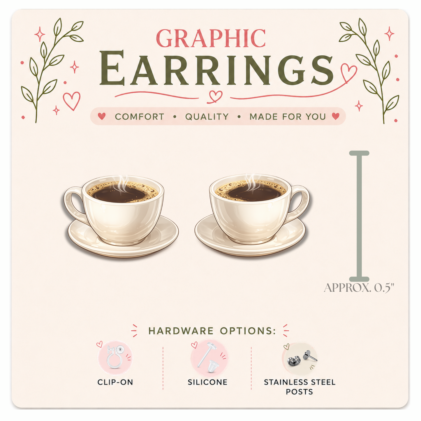 Coffee Lover Stud Earrings, Coffee Cup Graphic Studs, Resin Sealed Lightweight Jewelry