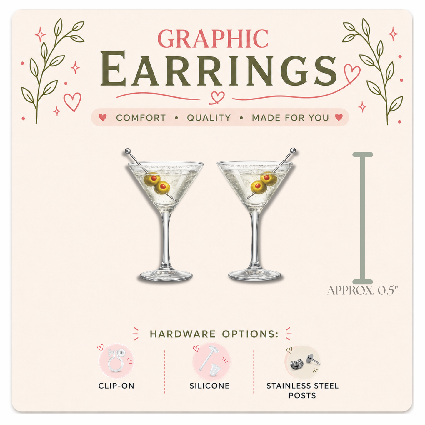 Martini Glass Stud Earrings, Dirty Martini Earrings, Cocktail Jewelry, Olive Martini Gift, Happy Hour Earrings, Graphic Studs