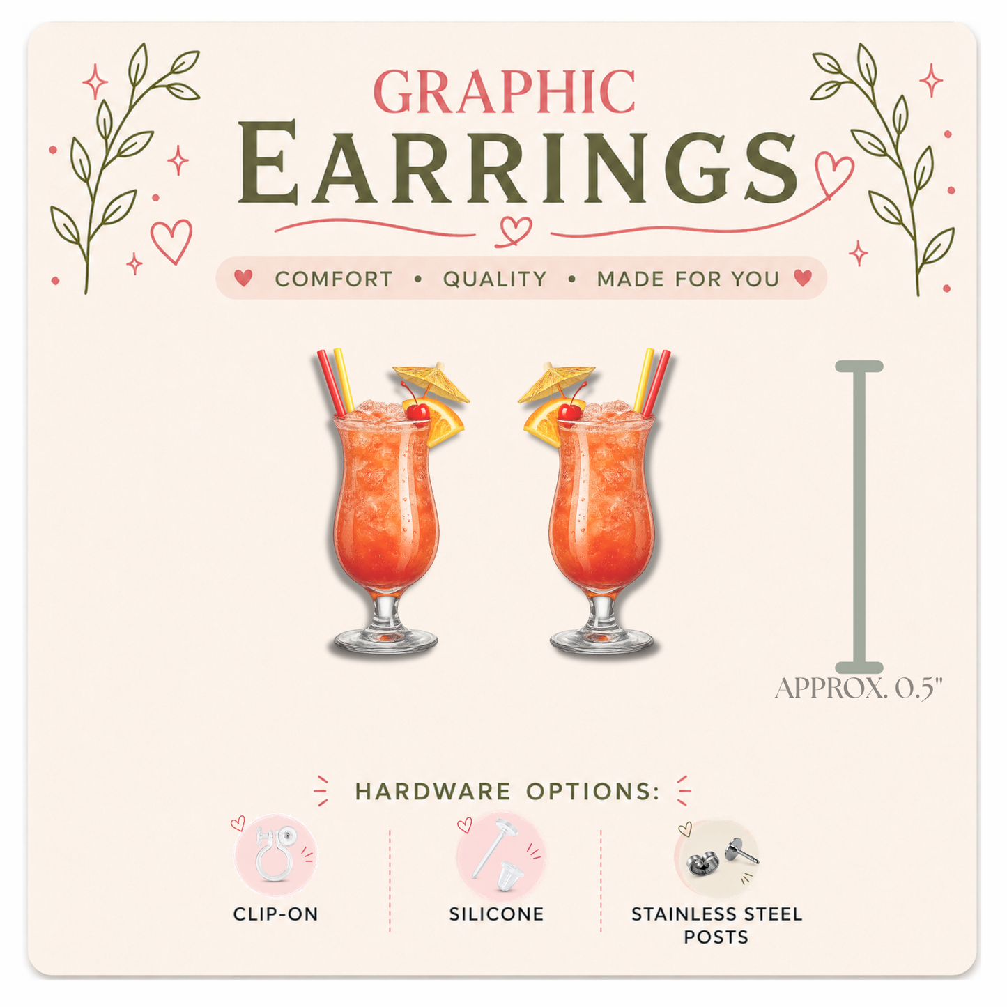 Bahama Mama Stud Earrings, Tropical Cocktail Graphic Studs, Resin Sealed Lightweight Jewelry