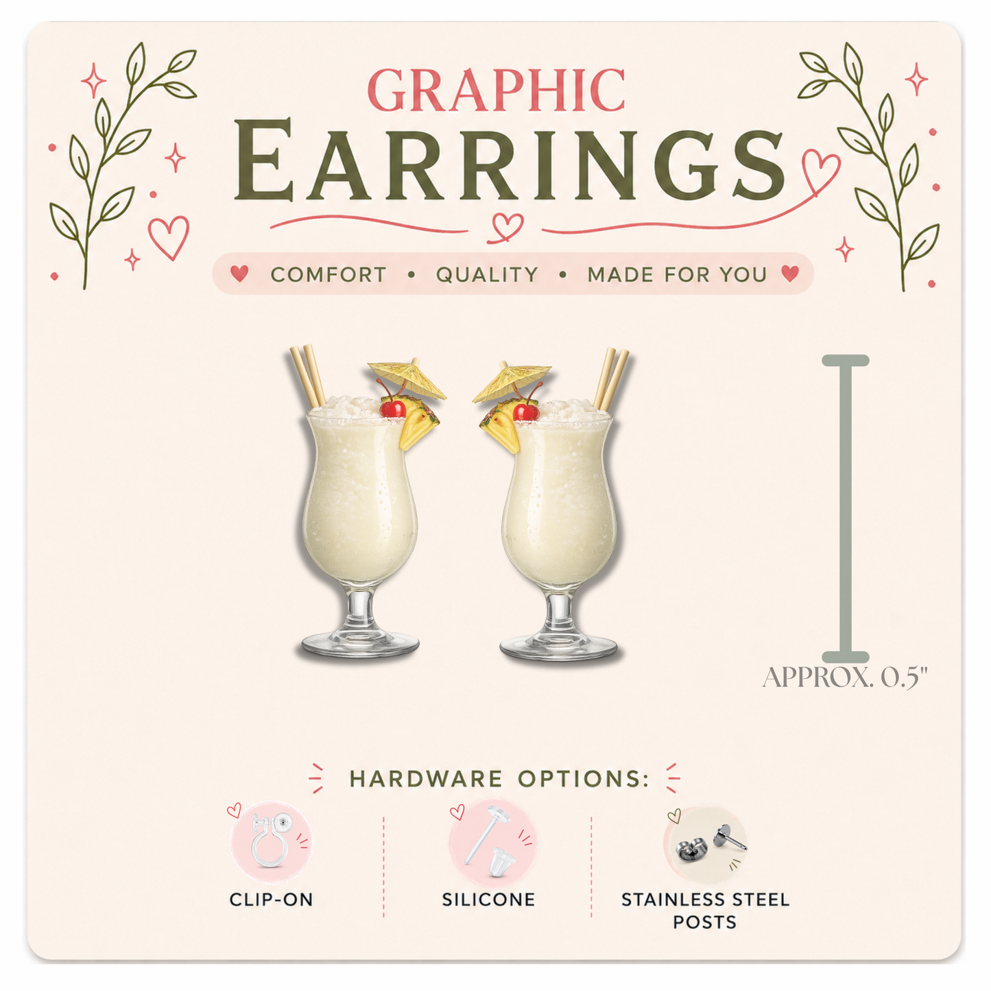 Piña Colada Stud Earrings, Tropical Cocktail Graphic Studs, Resin Sealed Lightweight Jewelry