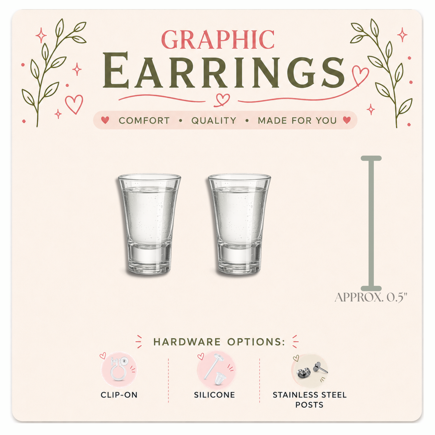 Shot Glass Stud Earrings, Clear Liquor Graphic Studs, Resin Sealed Lightweight Jewelry