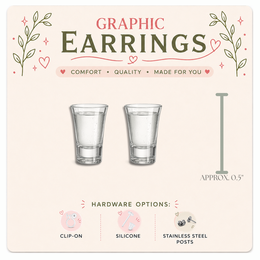 Shot Glass Stud Earrings, Clear Liquor Graphic Studs, Resin Sealed Lightweight Jewelry