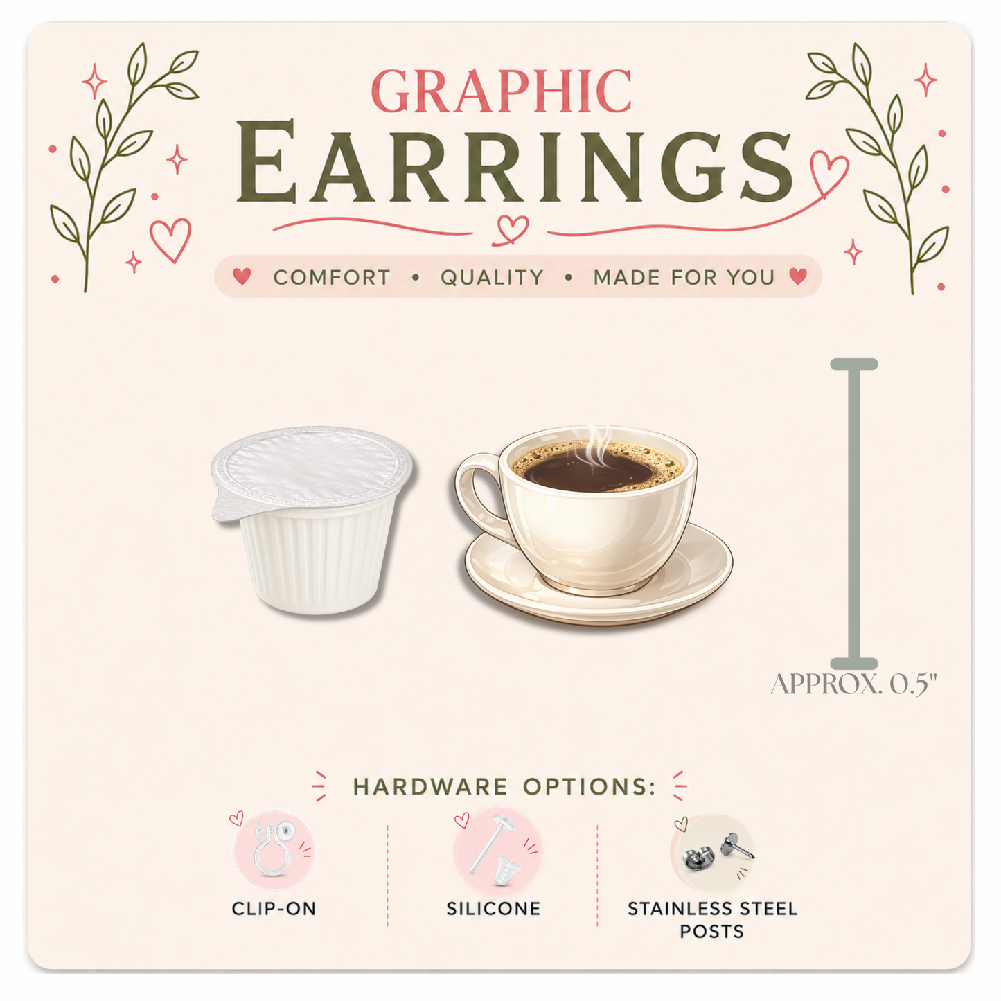 Coffee Lover Stud Earrings, Coffee Cup Graphic Studs, Resin Sealed Lightweight Jewelry