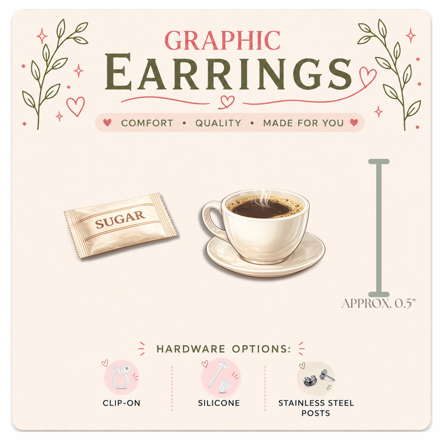 Coffee Lover Stud Earrings, Coffee Cup Graphic Studs, Resin Sealed Lightweight Jewelry