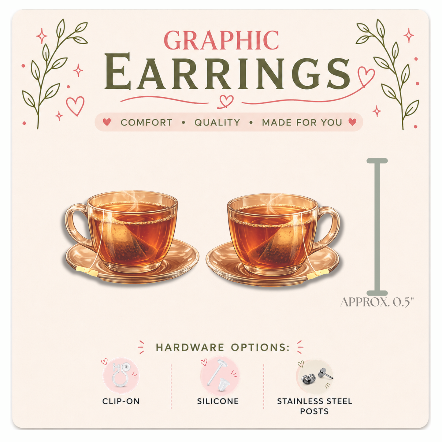 Tea Cup Stud Earrings, Cozy Tea Lover Jewelry, Resin Sealed Lightweight Earrings