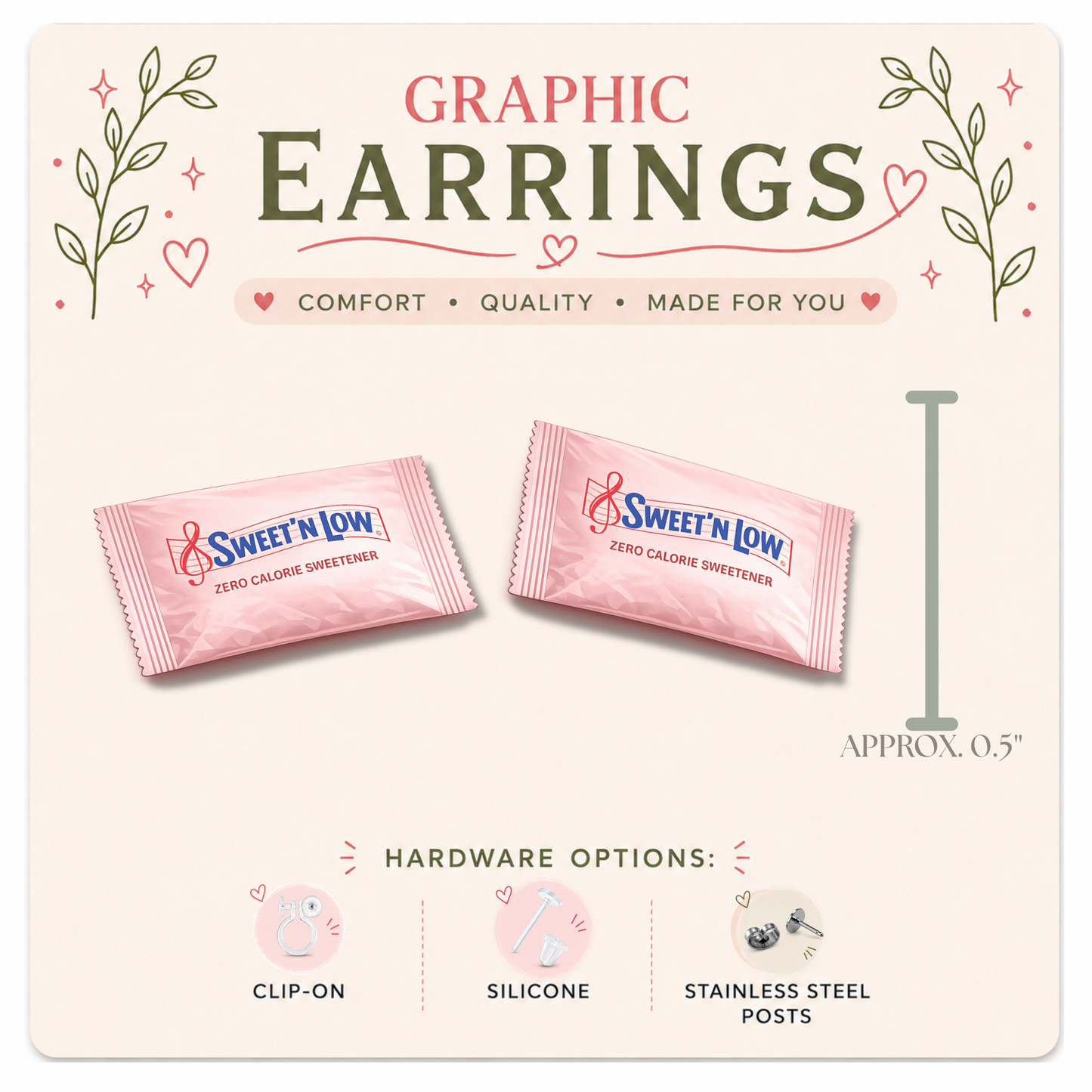 Sweet'N Low Packet Graphic Stud Earrings | Pink Sweetener Packet Earrings | Coffee Lover Earrings | Funny Food Studs