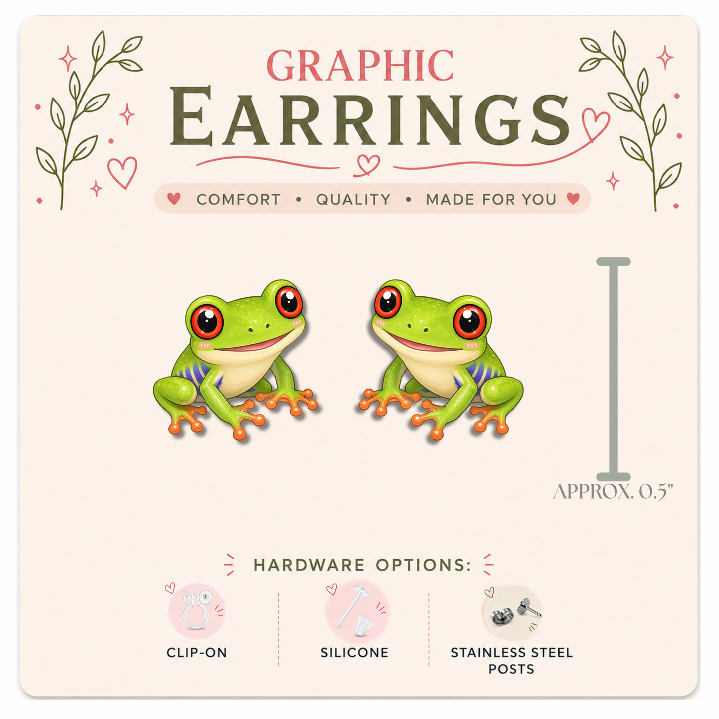 Coquí Frog Stud Earrings, Puerto Rico Tree Frog Earrings, Red-Eyed Coquí Jewelry, Resin Sealed Lightweight Studs