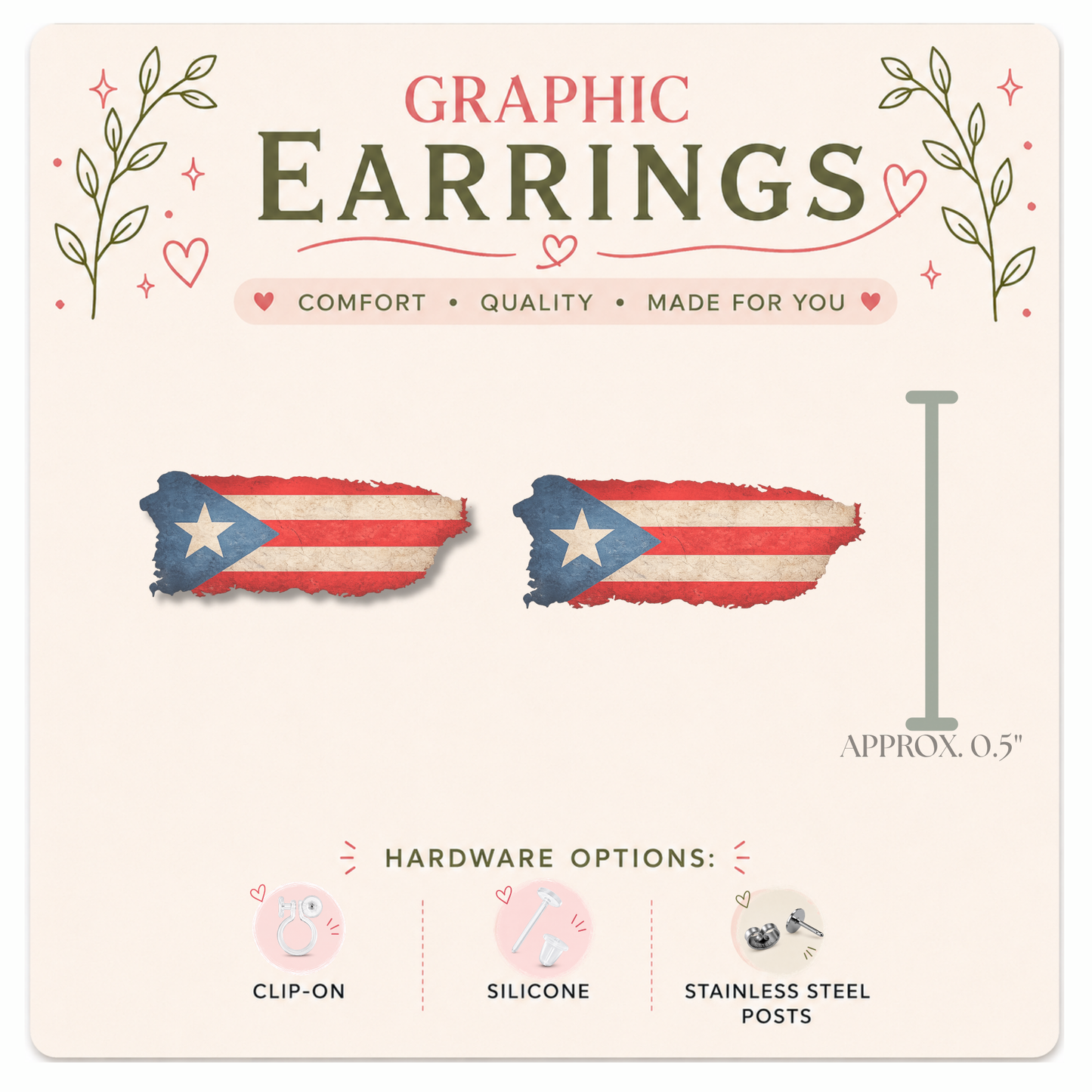 Puerto Rico Island Stud Earrings, Puerto Rican Flag Map Earrings, Boricua Jewelry, Resin Sealed Lightweight Studs