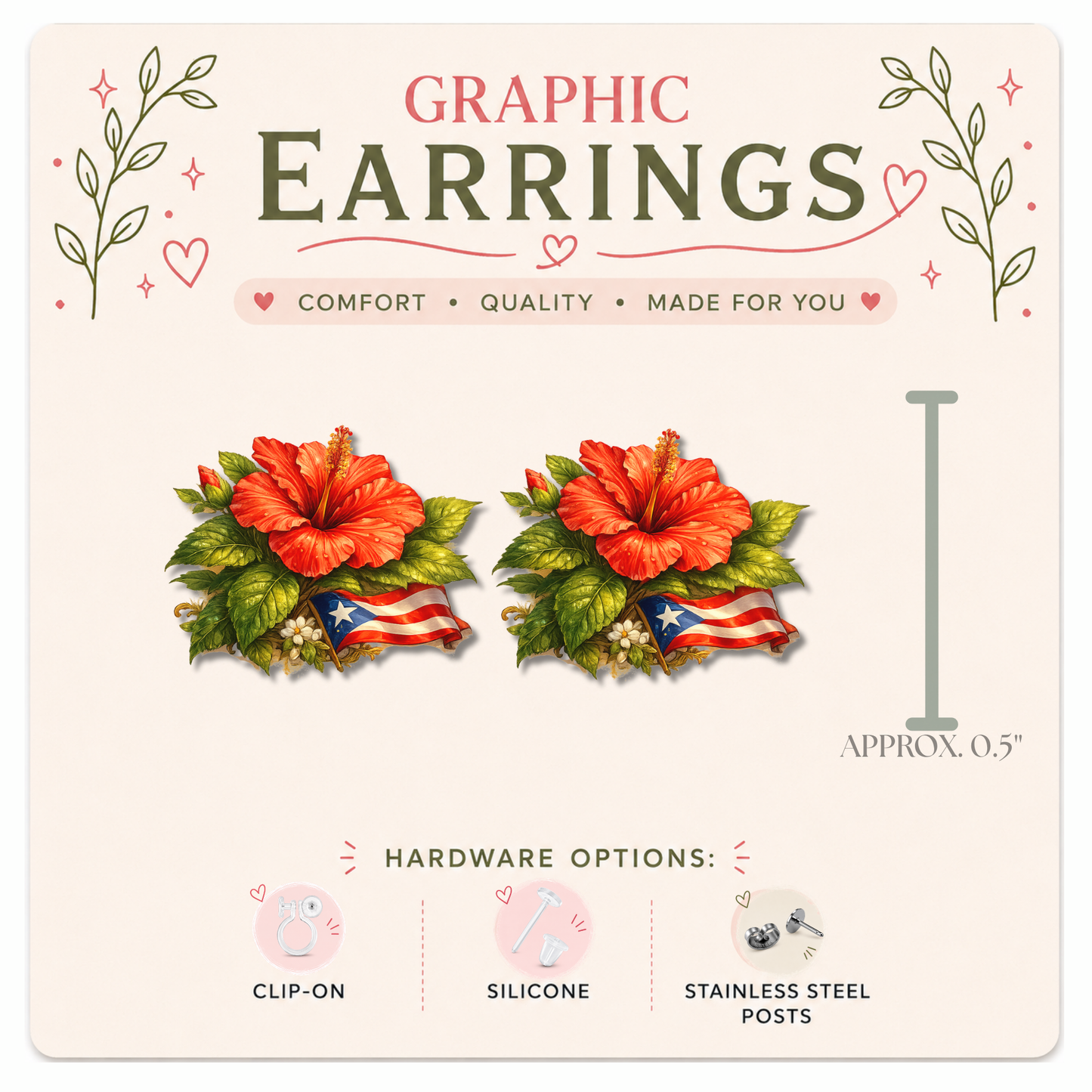 Puerto Rico Hibiscus Stud Earrings, Flor de Maga Earrings, Puerto Rican Floral Jewelry, Resin Sealed Lightweight Studs