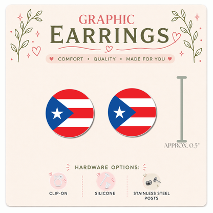 Puerto Rico Flag Stud Earrings, Round or Rectangle Flag Earrings, Boricua Jewelry, Resin Sealed Lightweight Studs