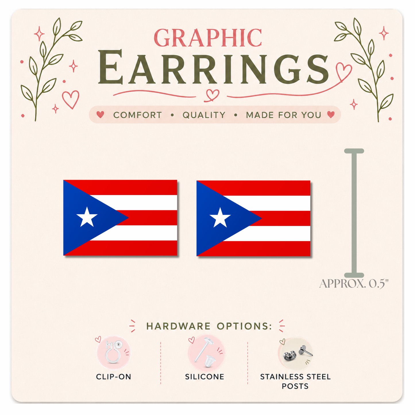 Puerto Rico Flag Stud Earrings, Round or Rectangle Flag Earrings, Boricua Jewelry, Resin Sealed Lightweight Studs